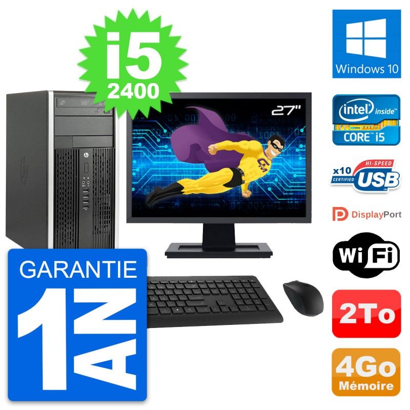 HP Compaq Pro 6200 CMT Desktop PC - 27" Screen, i5-2400, 4GB RAM, 2TB HDD, Windows 10, WiFi