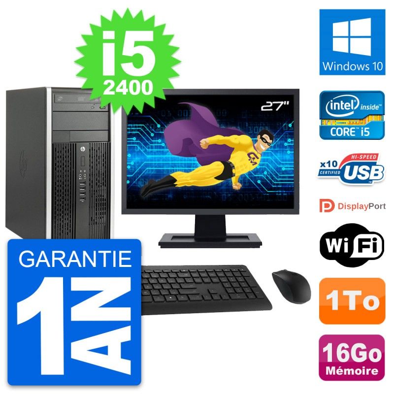 HP Compaq Pro 6200 CMT Desktop Computer - 27" Screen, i5-2400, 16GB RAM, 1TB HDD, Windows 10, WiFi