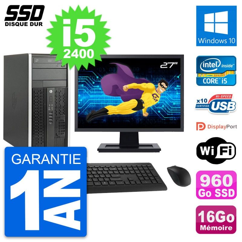 HP Compaq Pro 6200 CMT Desktop PC - 27" Display, Intel i5-2400, 16GB RAM, 960GB SSD, Windows 10