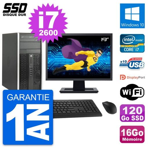 HP Compaq Pro 6200 CMT Desktop PC - 19" Screen, Intel i7-2600, 16GB RAM, 120GB SSD, Windows 10, WiFi