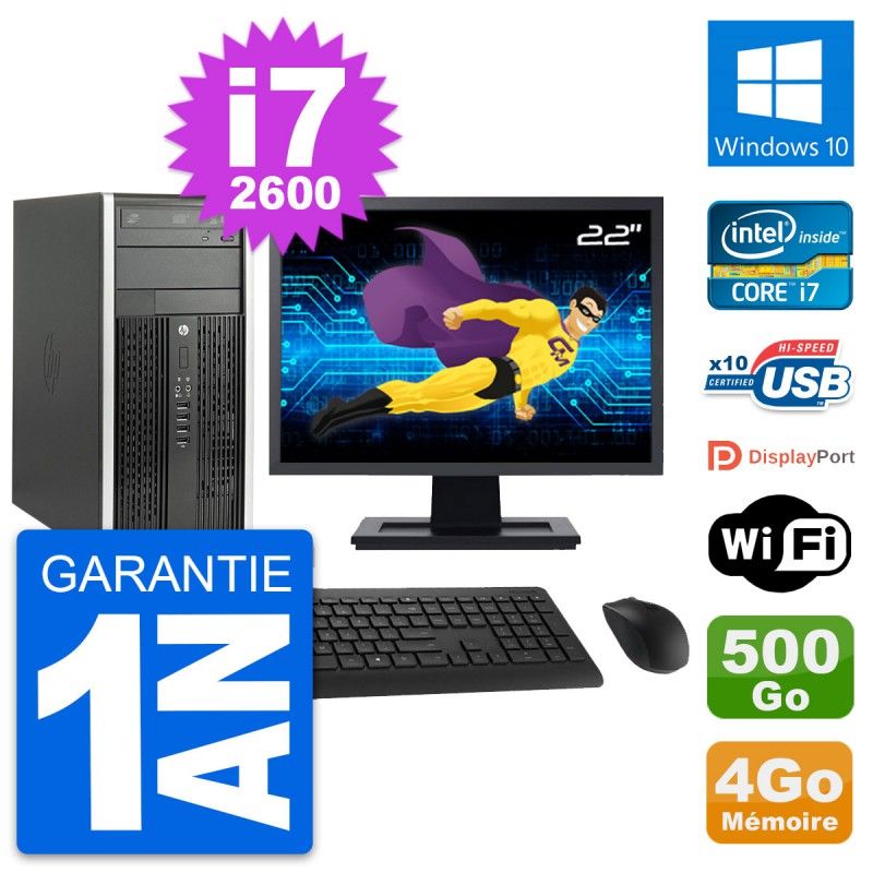 HP Compaq Pro 6200 CMT - 22" Screen, i7-2600, 4GB RAM, 500GB HDD, Windows 10, Wifi