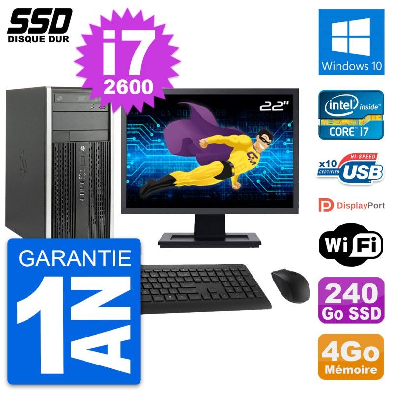 HP Compaq Pro 6200 CMT Desktop PC - 22" Screen, Core i7-2600, 4GB RAM, 240GB SSD, Windows 10, WiFi