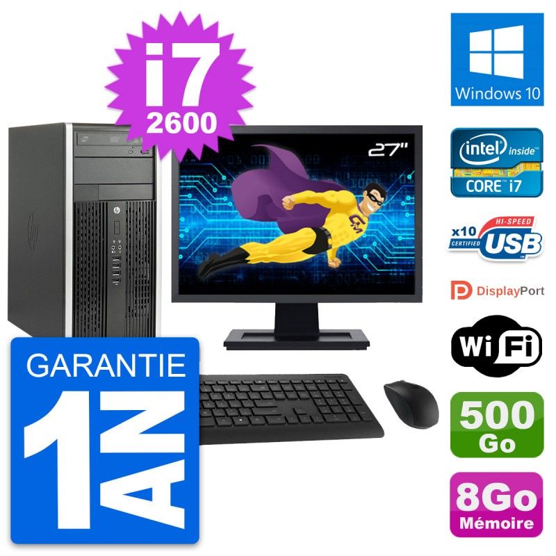 HP Compaq Pro 6200 CMT PC - 27" Screen, i7-2600, 8GB RAM, 500GB Hard Drive, Windows 10, WiFi