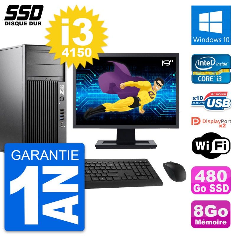 HP Z230 Tower PC - 19" Screen, Intel Core i3-4150, 8GB RAM, 480GB SSD, Windows 10, Wifi