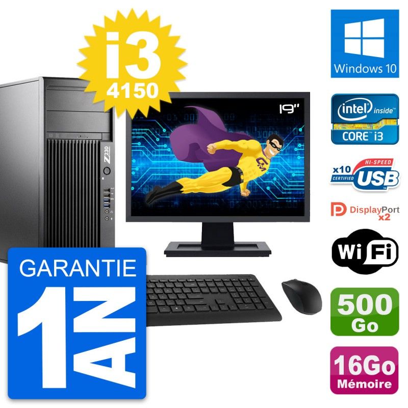 Station de travail HP Z230 - Écran 19'', Intel Core i3-4150, 16 Go RAM, 500 Go SSD, Windows 10, WiFi
