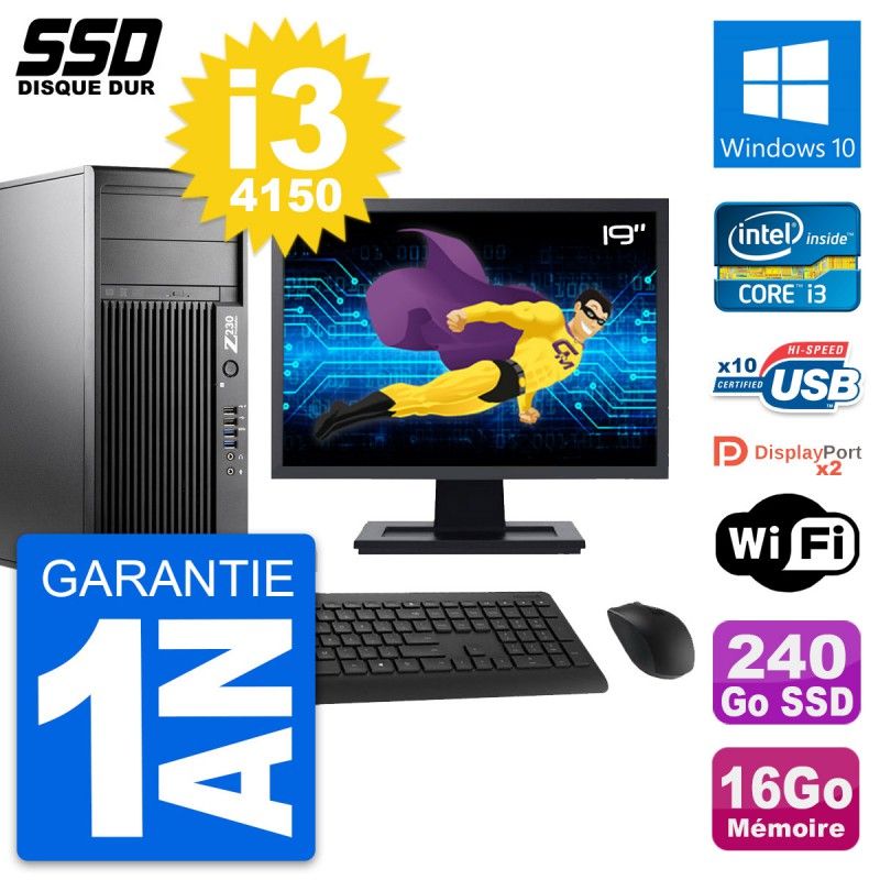 HP Z230 Desktop Computer - 19" Screen, Intel Core i3-4150, 16GB RAM, 240GB SSD, Windows 10, WiFi