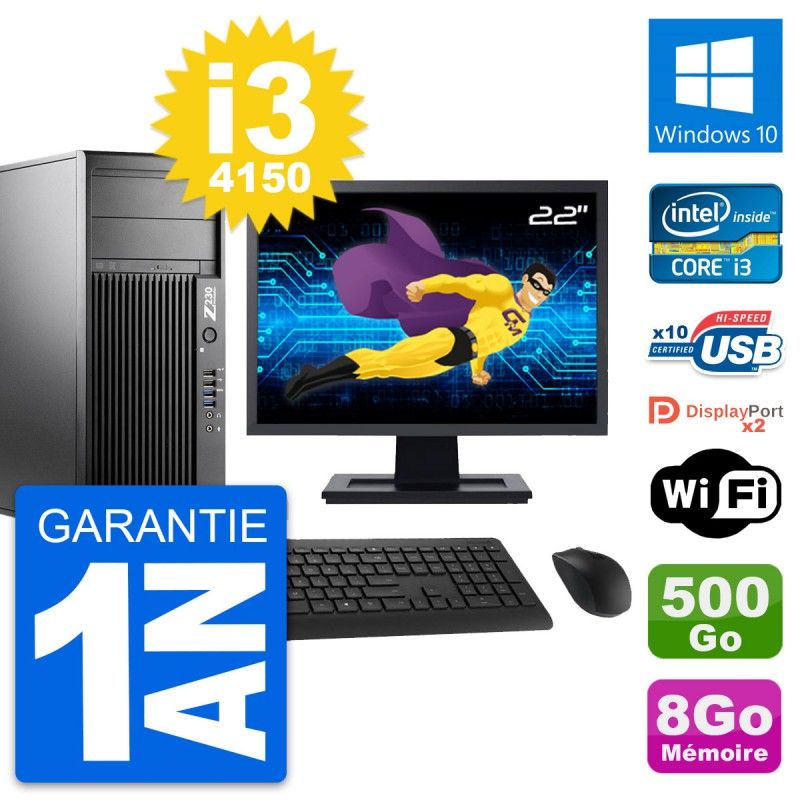 Station de travail HP Z230 - Écran 22'', Processeur Intel i3-4150, 8 Go de RAM, Disque dur 500 Go, Windows 10, Wifi