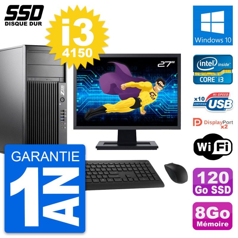 HP Z230 Workstation PC - 27" Screen, Intel Core i3-4150, 8GB RAM, 120GB SSD, Windows 10