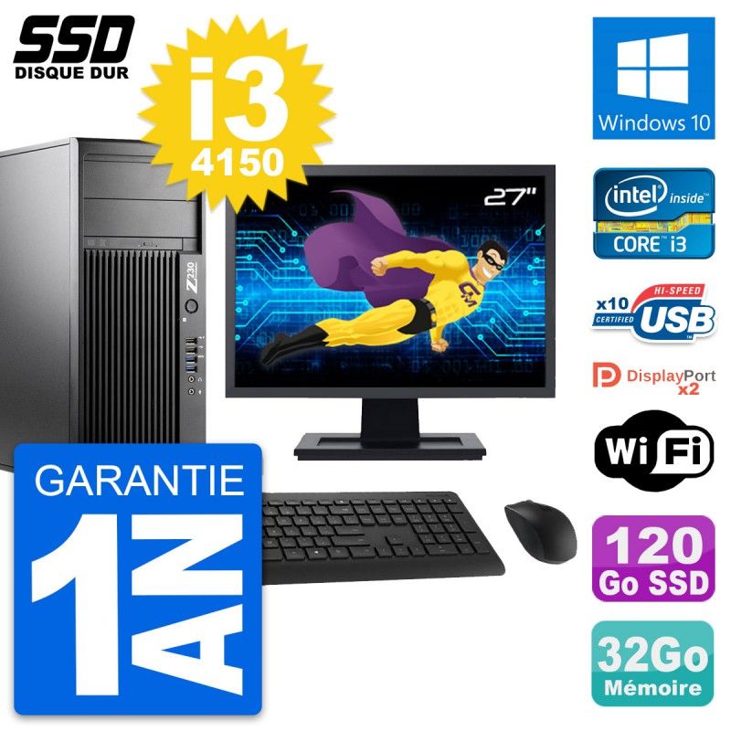 PC de trabajo HP Z230 - Pantalla de 27', Intel Core i3-4150, 32GB de RAM, 120GB SSD, Windows 10