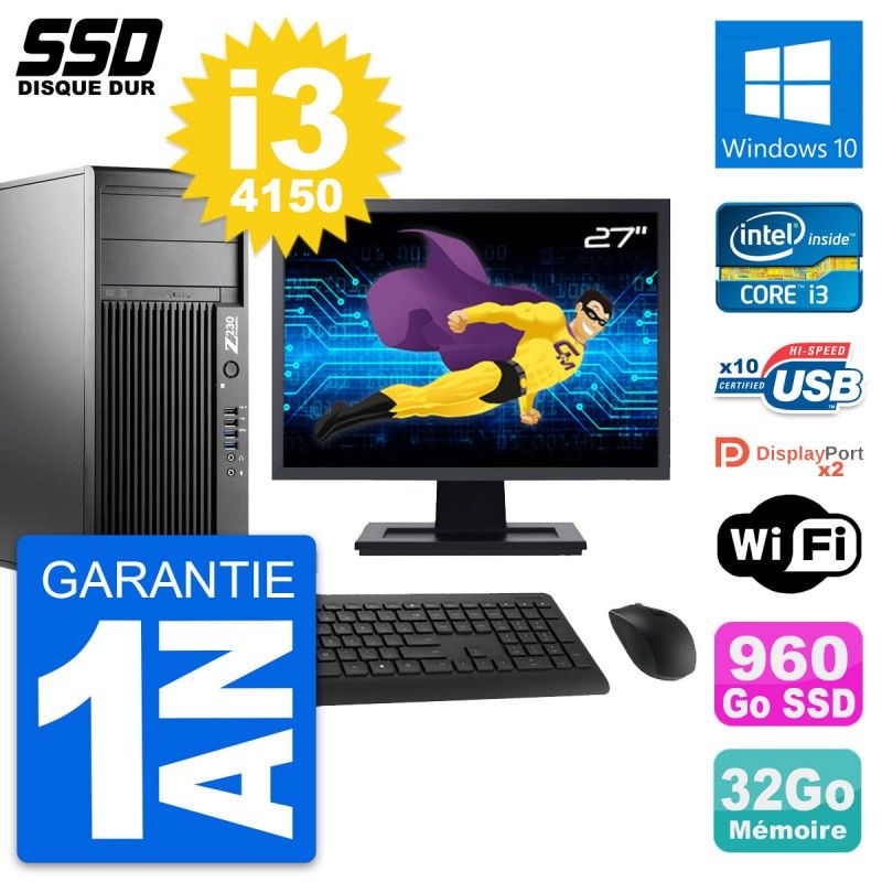 HP Z230 Tower PC - 27" Screen, Intel Core i3-4150, 32GB RAM, 960GB SSD, Windows 10, WiFi