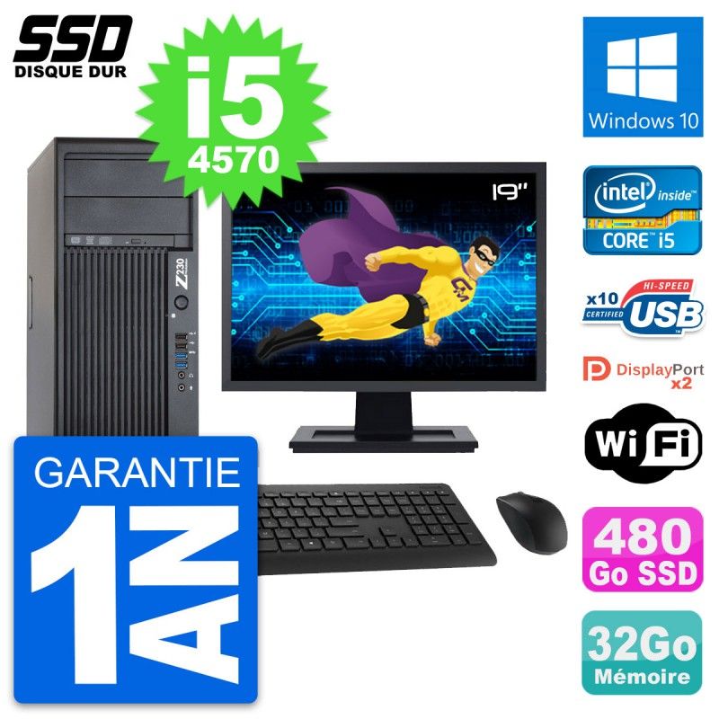 Station de travail HP Z230 - Écran 19'', Intel Core i5-4570, 32 Go de RAM, 480 Go SSD, Windows 10, Wi-Fi