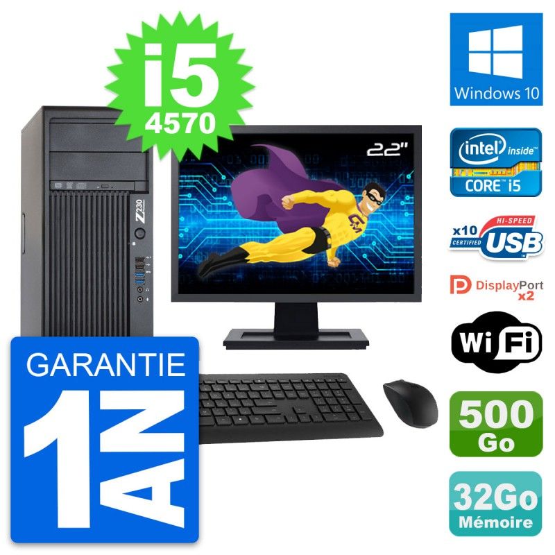 Station de travail HP Z230 - Écran 22'', Intel i5-4570, 32 Go RAM, 500 Go HDD, Windows 10