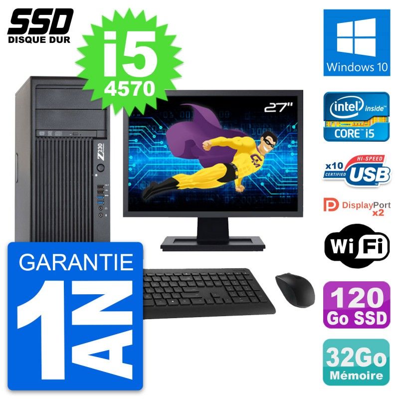HP Z230 Desktop PC - 27" Screen, Intel Core i5-4570, 32GB RAM, 120GB SSD, Windows 10, WiFi