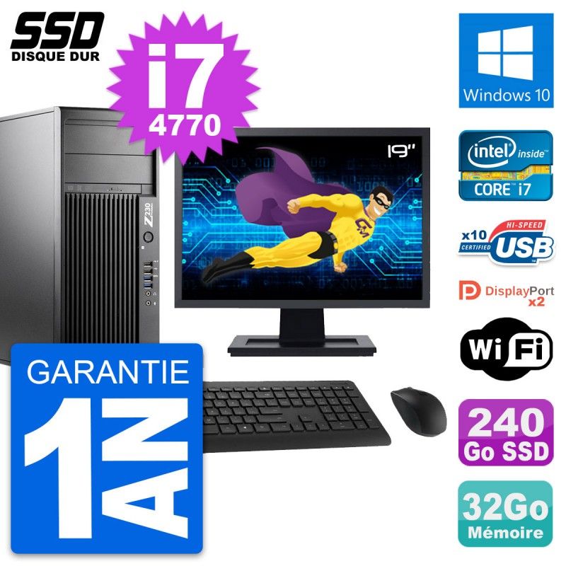 HP Z230 Workstation Computer - 19" Screen, Intel Core i7-4770, 32GB RAM, 240GB SSD, Windows 10