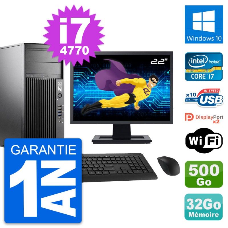 HP Z230 Workstation PC - 22" Screen, Intel i7-4770, 32GB RAM, 500GB HDD, Windows 10