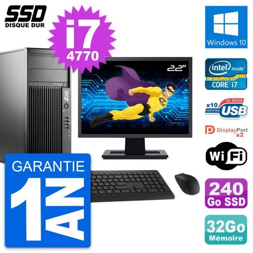 PC de estación de trabajo HP Z230 - Pantalla de 22', Intel Core i7-4770, 32 GB de RAM, 240 GB SSD, Windows 10, WiFi