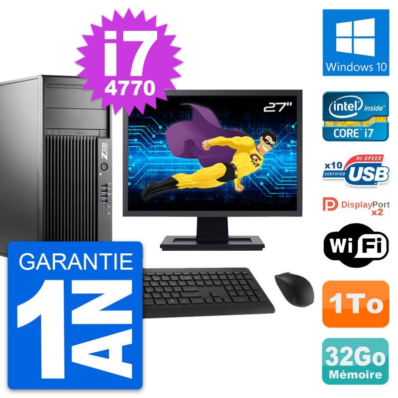 HP Z230 Workstation Computer - 27" Screen, Intel Core i7-4770, 32GB RAM, 1TB HDD, Windows 10