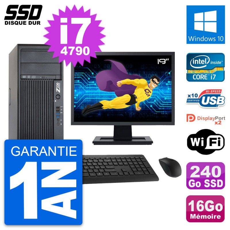 HP Z230 Desktop PC - 19" Screen, Intel Core i7-4790, 16GB RAM, 240GB SSD, Windows 10, WiFi