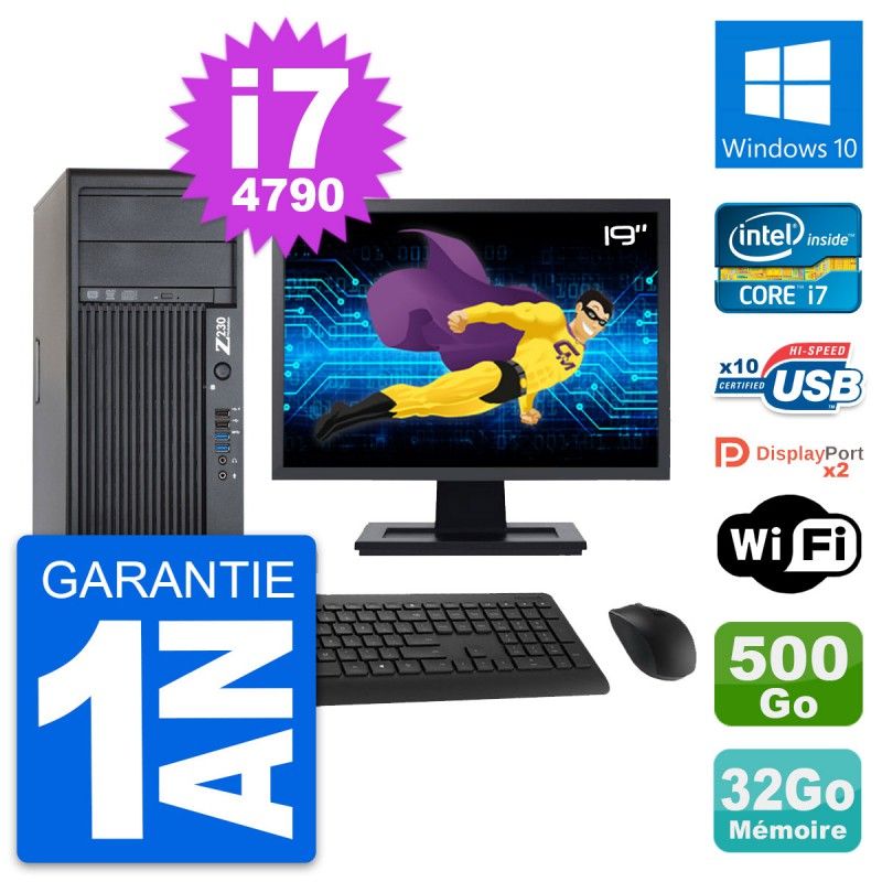 HP Z230 Workstation Computer - 19" Screen, Intel i7-4790, 32GB RAM, 500GB HDD, Windows 10, WiFi