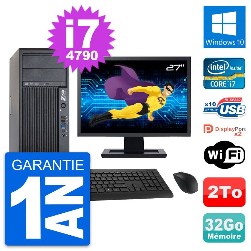 HP Z230 Workstation PC - 27" Screen, Intel Core i7-4790, 32GB RAM, 2TB HDD, Windows 10, WiFi