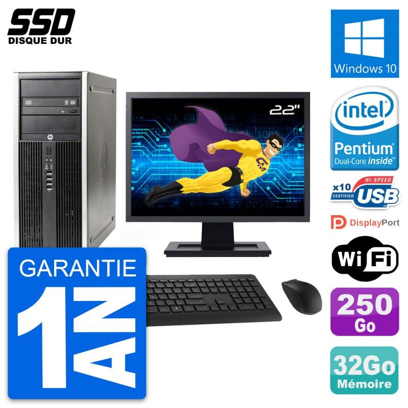 HP Elite 8300 Desktop PC - 22" Screen, Intel G630, 32GB RAM, 250GB HDD, Windows 10, WiFi