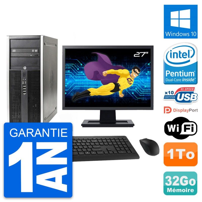HP Elite 8300 Desktop PC - 27" Screen, Intel G630, 32GB RAM, 1TB HDD, Windows 10, WiFi