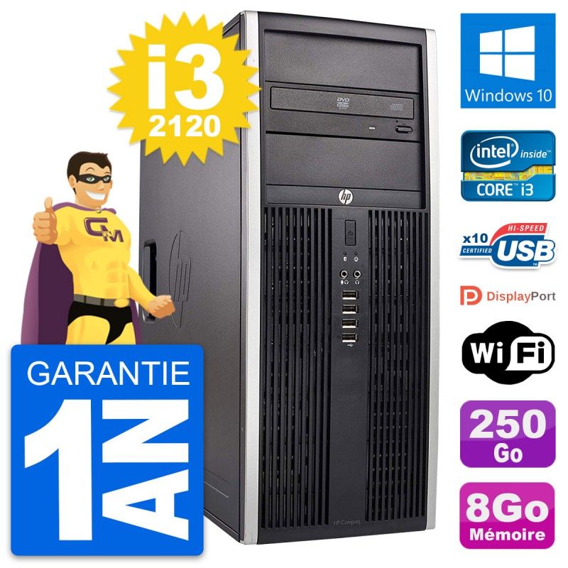 Ordinateur de bureau HP Compaq Elite 8300 - Intel Core i3-2120, 8 Go de RAM, 250 Go SSD, Windows 10, Wi-Fi