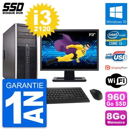 HP Elite 8300 Desktop PC - 19" Screen, Intel i3-2120, 8GB RAM, 960GB SSD, Windows 10, Wifi