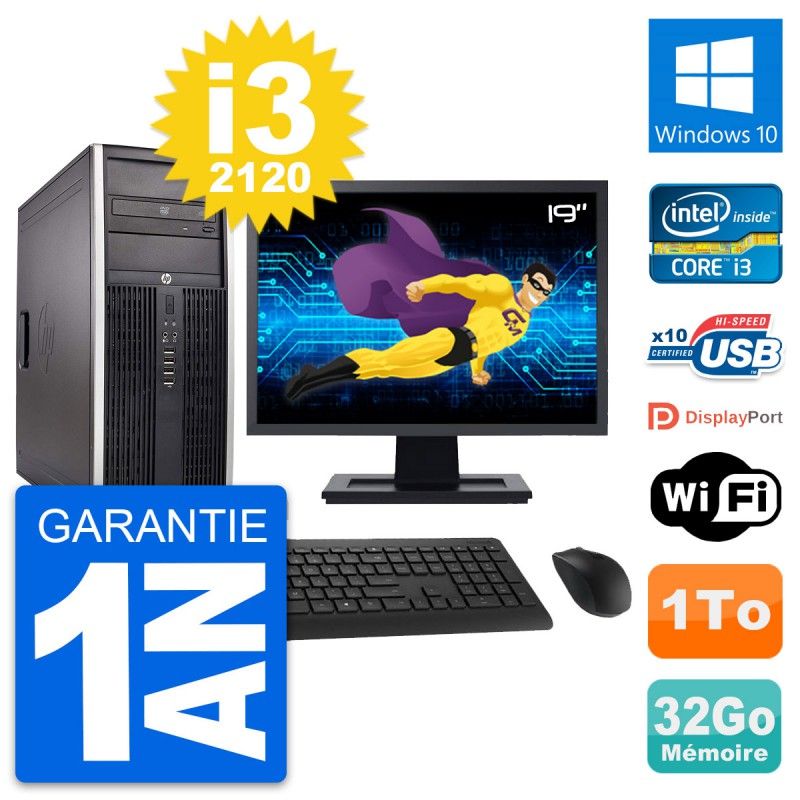 HP Compaq Elite 8300 Desktop PC - 19" Screen, Intel i3-2120, 32GB RAM, 1TB HDD, Windows 10, WiFi