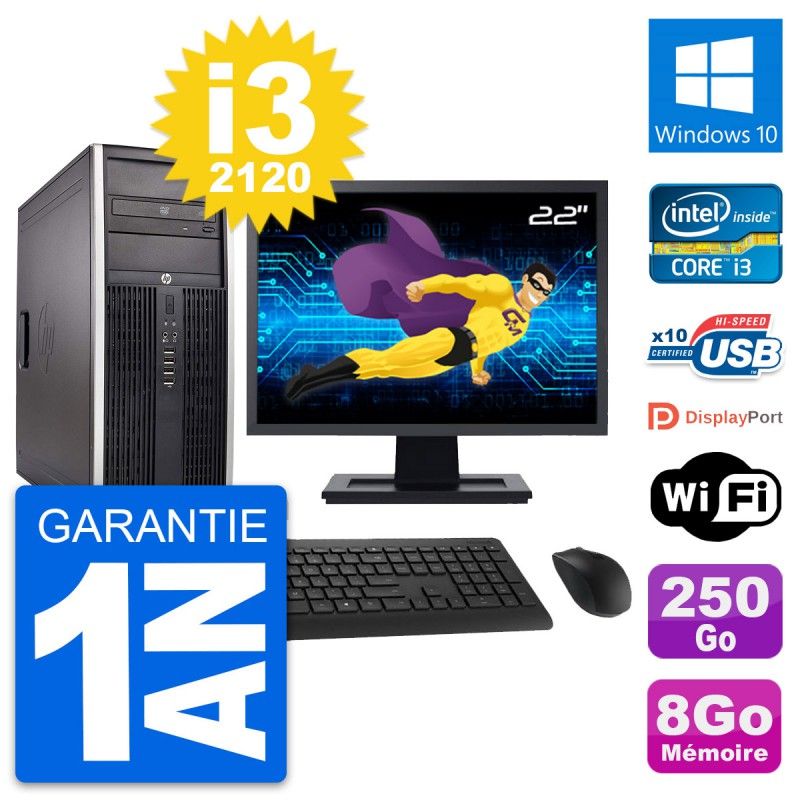 HP Compaq Elite 8300 Desktop PC - 22" Screen, Intel i3-2120, 8GB RAM, 250GB HDD, Windows 10, WiFi