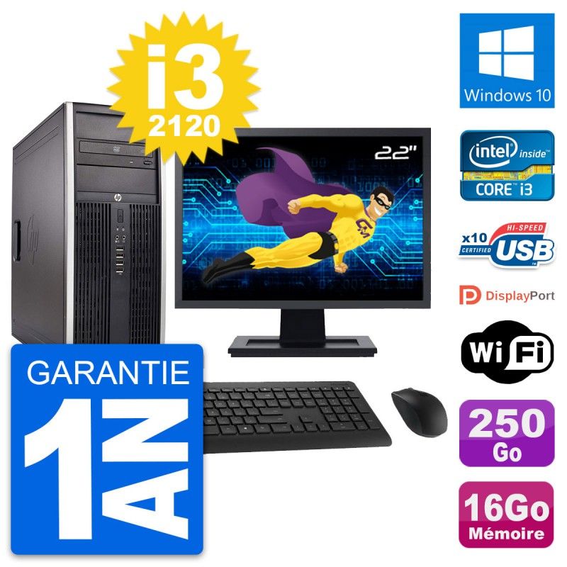 HP Compaq Elite 8300 Desktop PC - 22" Screen, Intel i3-2120, 16GB RAM, 250GB HDD, Windows 10, WiFi