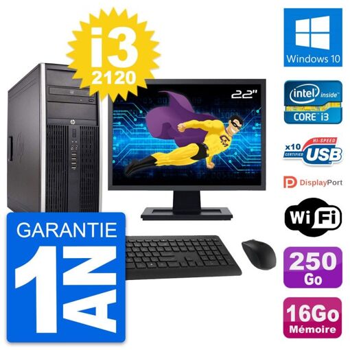 HP Compaq Elite 8300 Desktop PC - 22" Screen, Intel i3-2120, 16GB RAM, 250GB HDD, Windows 10, WiFi