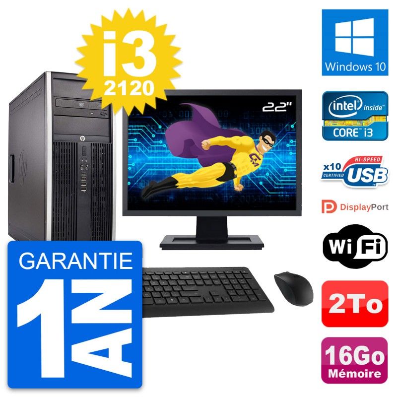HP Compaq Elite 8300 Desktop PC - 22" Screen, Intel i3-2120, 16GB RAM, 2TB HDD, Windows 10, WiFi