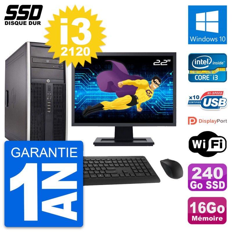 HP Elite 8300 Desktop Computer, 22" Screen, Intel i3-2120, 16GB RAM, 240GB SSD, Windows 10, WiFi