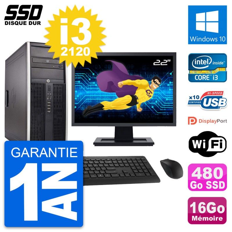 HP Elite 8300 Desktop PC - 22" Screen, Intel i3-2120, 16GB RAM, 480GB SSD, Windows 10, WiFi