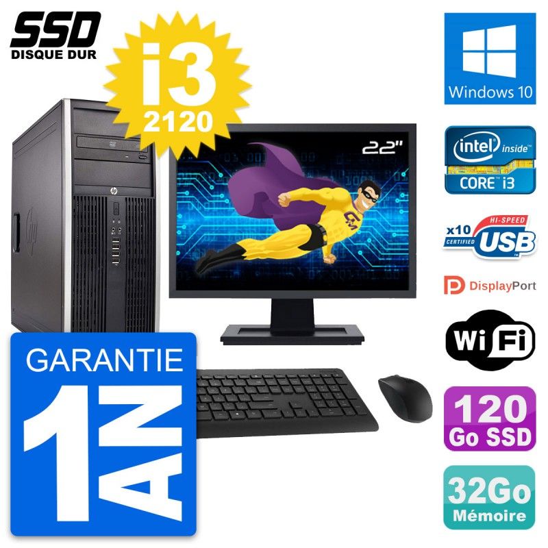 HP Elite 8300 Desktop PC - 22" Screen, Intel i3-2120, 32GB RAM, 120GB SSD, Windows 10, WiFi