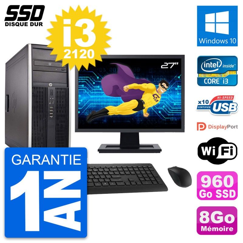 HP Elite 8300 Desktop PC - 27" Screen, Intel i3-2120, 8GB RAM, 960GB SSD, Windows 10, WiFi