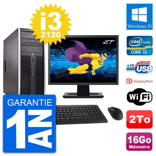 HP Compaq Elite 8300 Desktop PC - 27" Screen, Intel i3-2120, 16GB RAM, 2TB HDD, Windows 10, WiFi