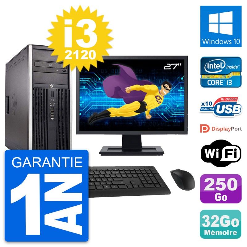 Ordinateur de bureau HP Compaq Elite 8300 - Écran 27", Processeur Intel i3-2120, 32 Go de RAM, Disque dur 250 Go SSD, Windows 10, Wifi