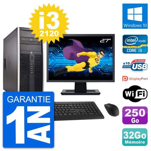 HP Compaq Elite 8300 Desktop PC - 27" Display, Intel i3-2120, 32GB RAM, 250GB SSD, Windows 10, WiFi