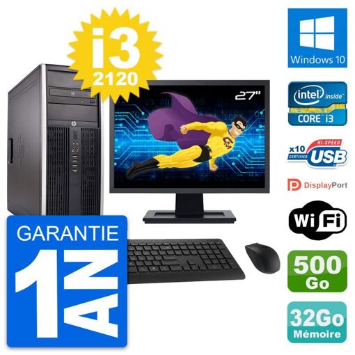 HP Compaq Elite 8300 Desktop PC - 27" Screen, Intel i3-2120, 32GB RAM, 500GB HDD, Windows 10, WiFi