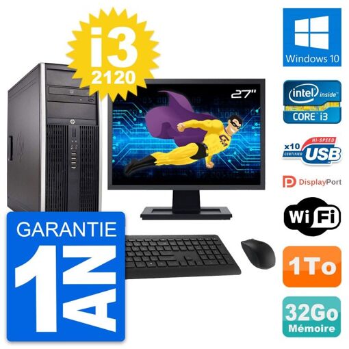 HP Compaq Elite 8300 Desktop PC - 27" Display, Intel i3-2120, 32GB RAM, 1TB HDD, Windows 10, WiFi
