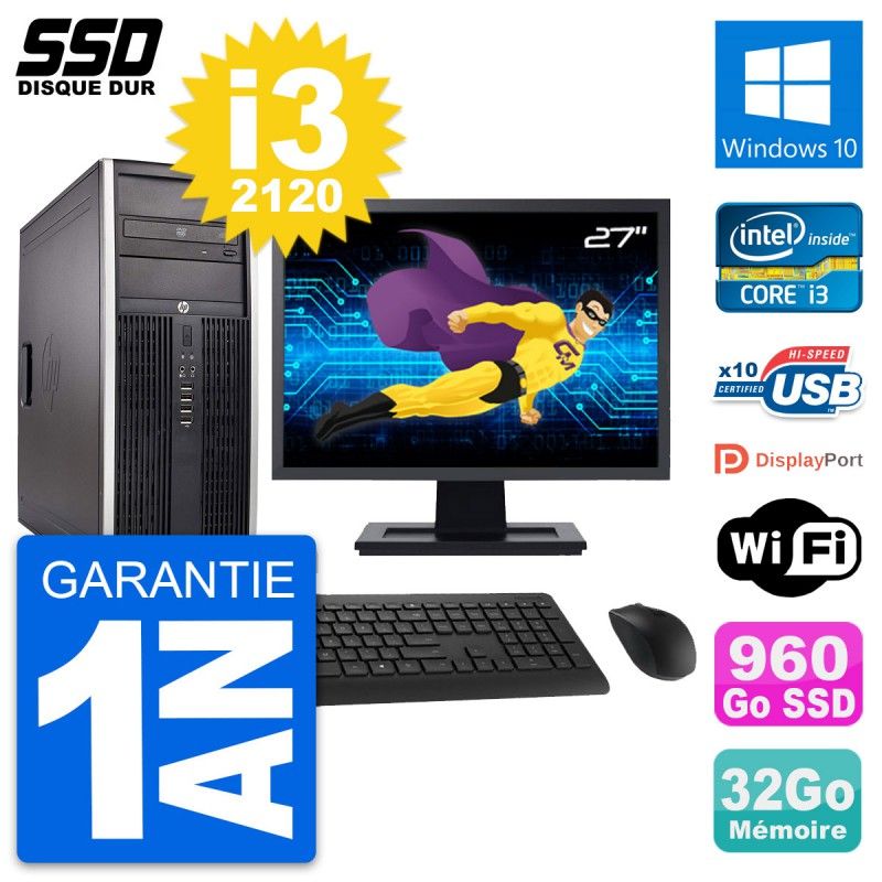 HP Elite 8300 Desktop PC | 27" Screen | Intel i3-2120 | 32GB RAM | 960GB SSD | Windows 10 | WiFi