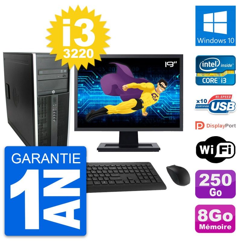 Ordinateur de bureau HP Compaq Elite 8300 - Écran 19'', Processeur Intel i3-3220, 8 Go de RAM, Disque dur 250 Go, Windows 10, WiFi