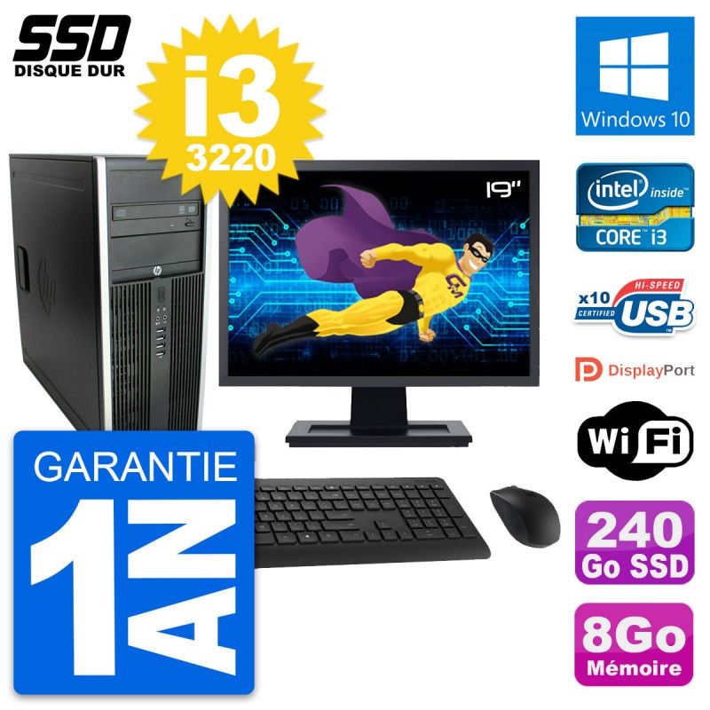 HP Elite 8300 Desktop PC - 19" Screen, Intel i3-3220, 8GB RAM, 240GB SSD, Windows 10, Wifi