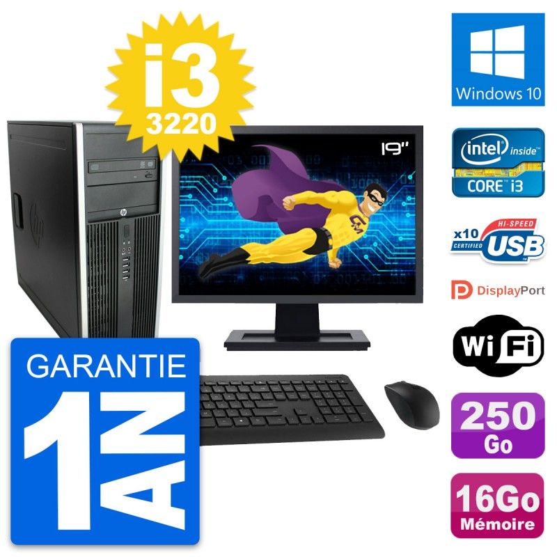HP Compaq Elite 8300 Desktop PC - 19" Screen, Intel i3-3220, 16GB RAM, 250GB Hard Drive, Windows 10, WiFi