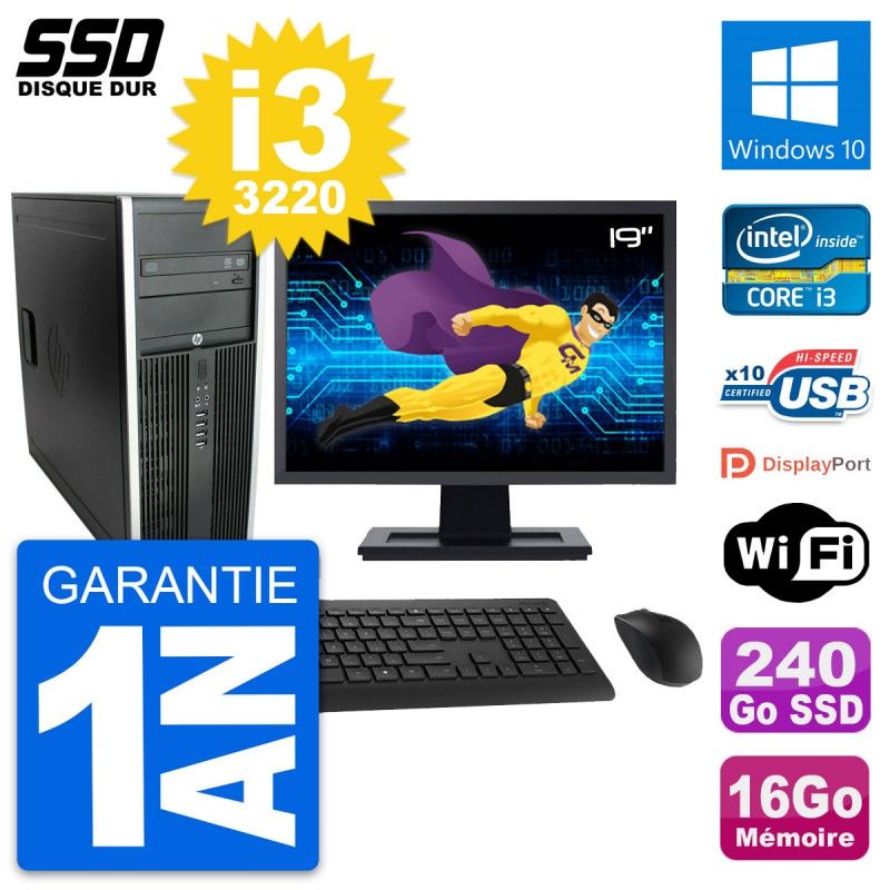 HP Elite 8300 Desktop Computer, 19" Screen, Intel i3-3220, 16GB RAM, 240GB SSD, Windows 10, WiFi