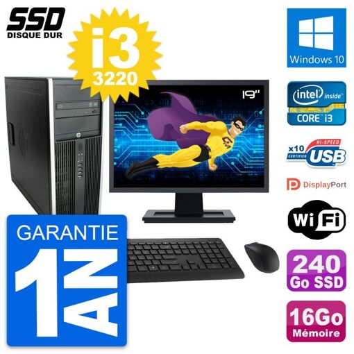 HP Elite 8300 Desktop Computer, 19" Screen, Intel i3-3220, 16GB RAM, 240GB SSD, Windows 10, WiFi
