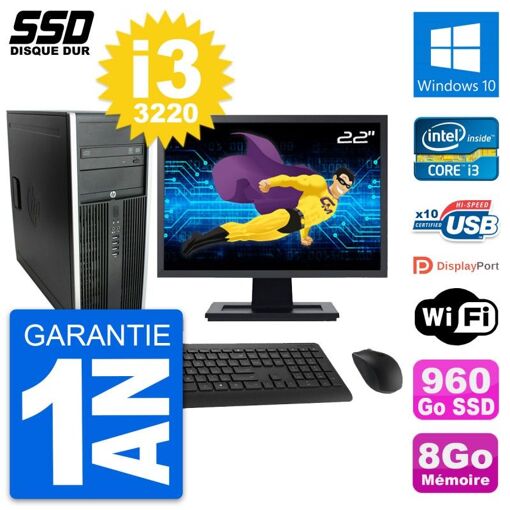 HP Elite 8300 Desktop PC - 22" Screen, Intel i3-3220, 8GB RAM, 960GB SSD, Windows 10, WiFi