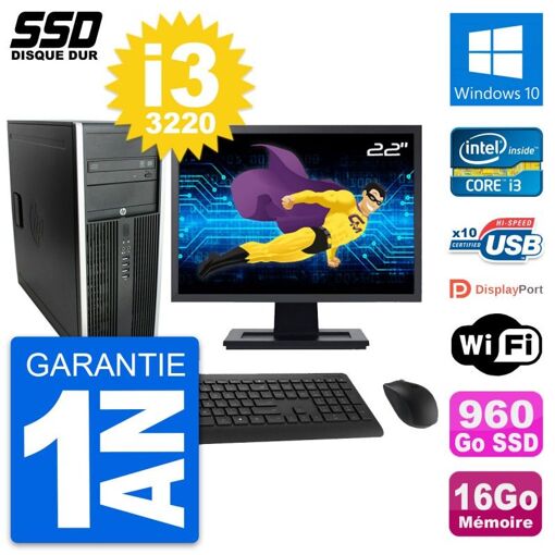 HP Elite 8300 Desktop PC - 22" Screen, Intel i3-3220, 16GB RAM, 960GB SSD, Windows 10, Wifi